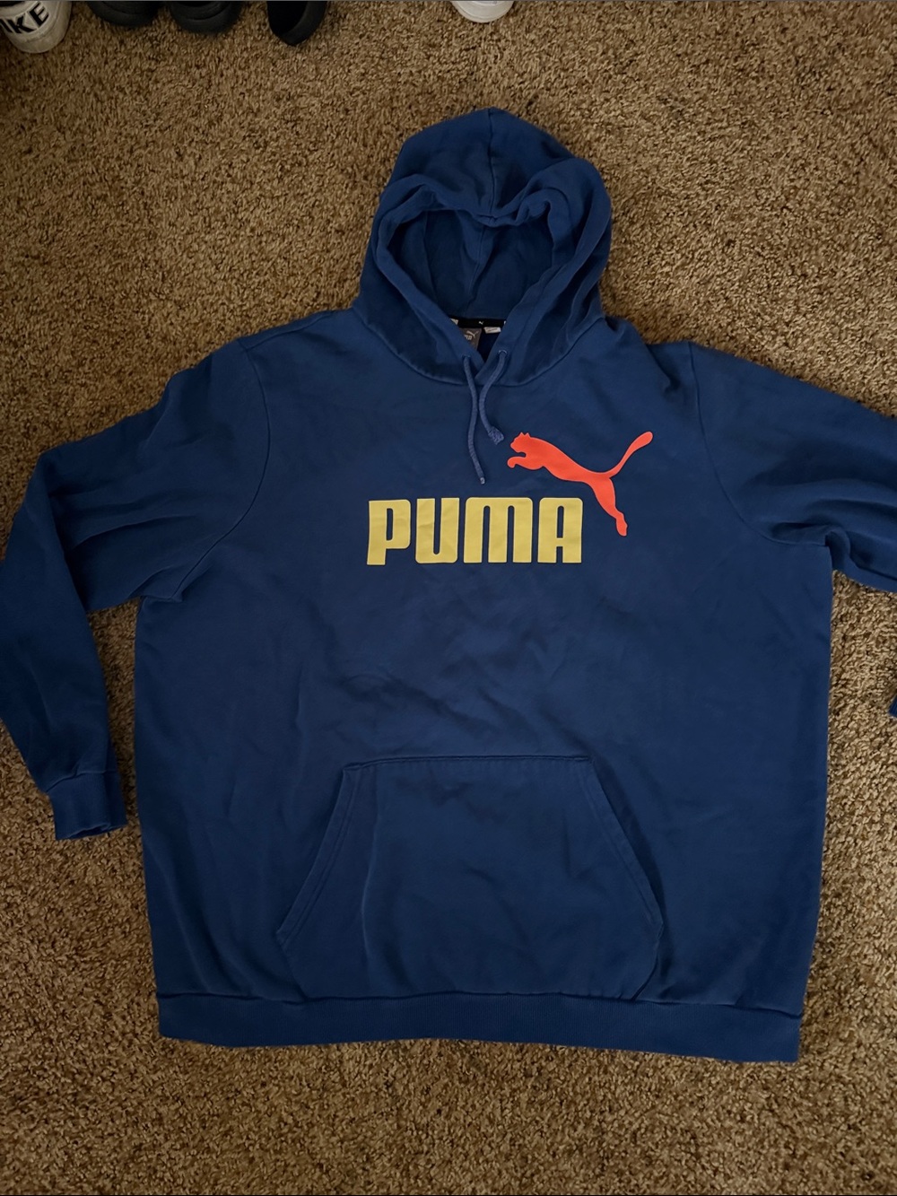 Puma Men's Navy Hoodie with Yellow Logo and Orange Puma